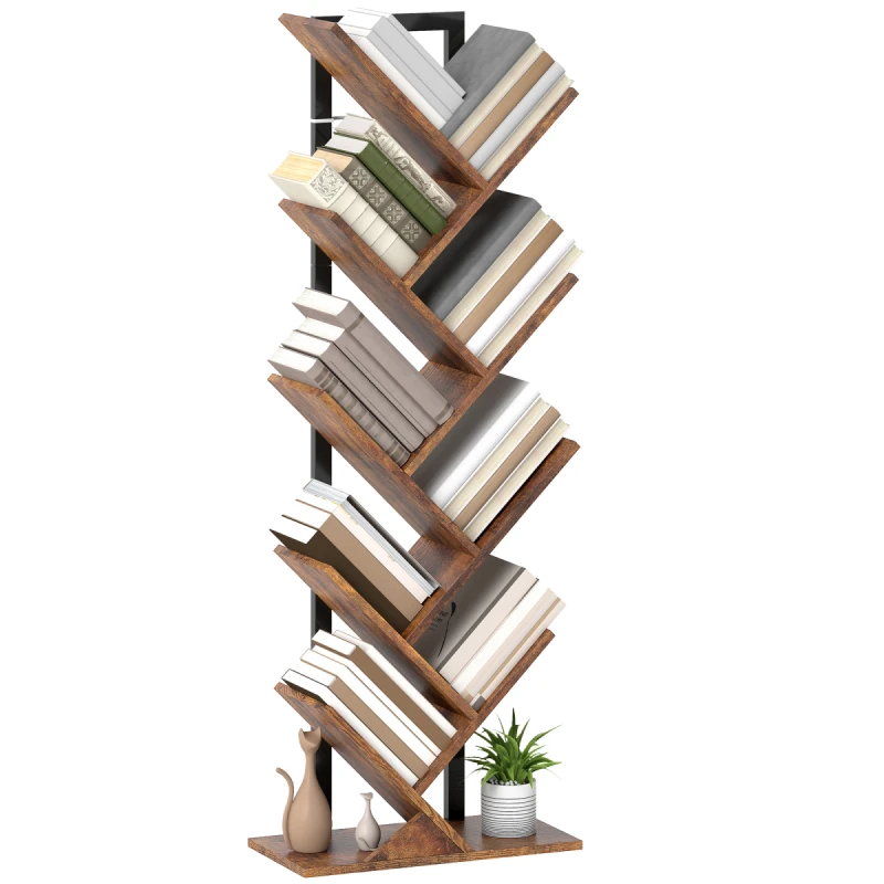 Image of HOMCOM HOMCOM Freestanding Tree Bookshelf, Industrial Bookcase with Steel Frame, Rustic Brown Brown One Size Unisex 5063603329379