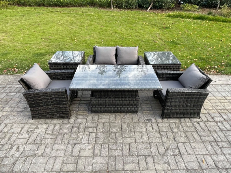 Image of Fimous Outdoor Garden Dining Sets 4 Seater Rattan Patio Furniture Sofa Set with Rising Lifting Table 2 Side Tables in Dark Grey Dark Grey Unisex