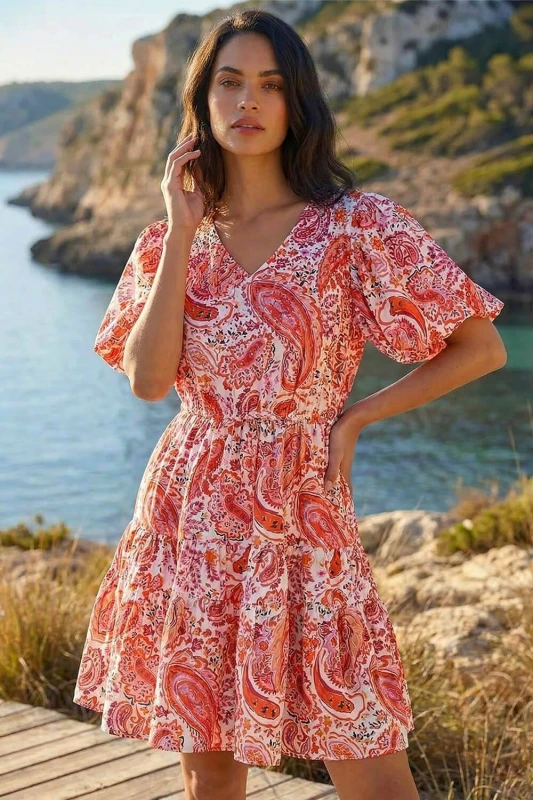Image of Dusk Womens Paisley Print Hotfix Dress in Red Size: 16 Red Female 16