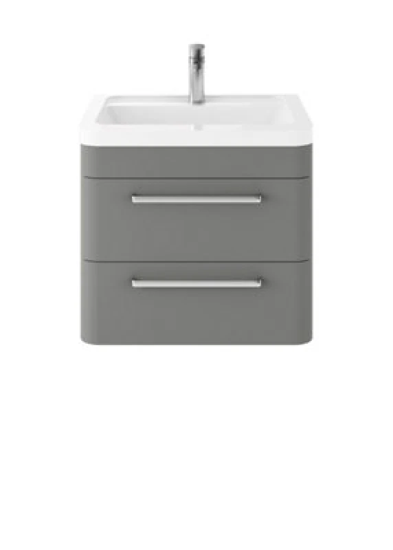 Image of Nuie Hudson Reed Solar Wall Hung Vanity Unit With Ceramic Basin, Modern 2 Drawer Bathroom Sink Vanity Unit In Cool Grey, 600mm