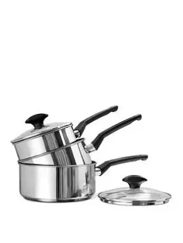 image of Prestige 9X Tougher Ultra Durable Stainless Steel Non-Stick Induction 3Pc Saucepan Set - 16/18/20Cm With Toughened Glass Lids