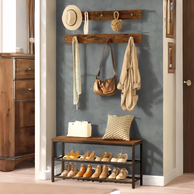 Image of Rafaelo Mobilia Hallway Shoe Bench Set with 9 Hooks & Shelf in Brown Brown Unisex