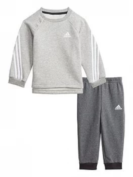 Image of Boys, Adidas Infant Unisex 3 Stripe Crew & Jog Pant Set, Grey/Black, Size 3-4 Years