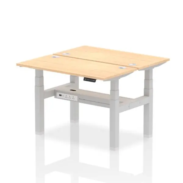 Image of Air Air Back-to-Back 1200 x 600mm Height Adjustable 2 Person Bench Desk Maple Top with Cable Ports Silver Frame HASCP2P12600MPES