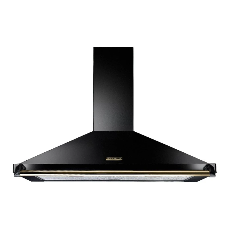 Image of Rangemaster RCLAHDC90BL/B 90cm Classic Chimney Hood With Brass Rail And Badge - BLACK RCLAHDC90BL/B