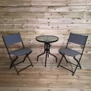 image of 3pcs Outdoor Garden Furniture Bistro Set Glass Table & Two Folding Chairs in Grey