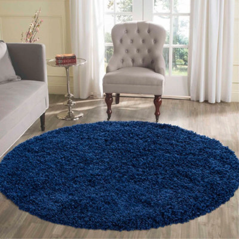 Image of Desire Rugs Plain Living Room Shaggy Area Rugs Navy Round 120X120 Cm