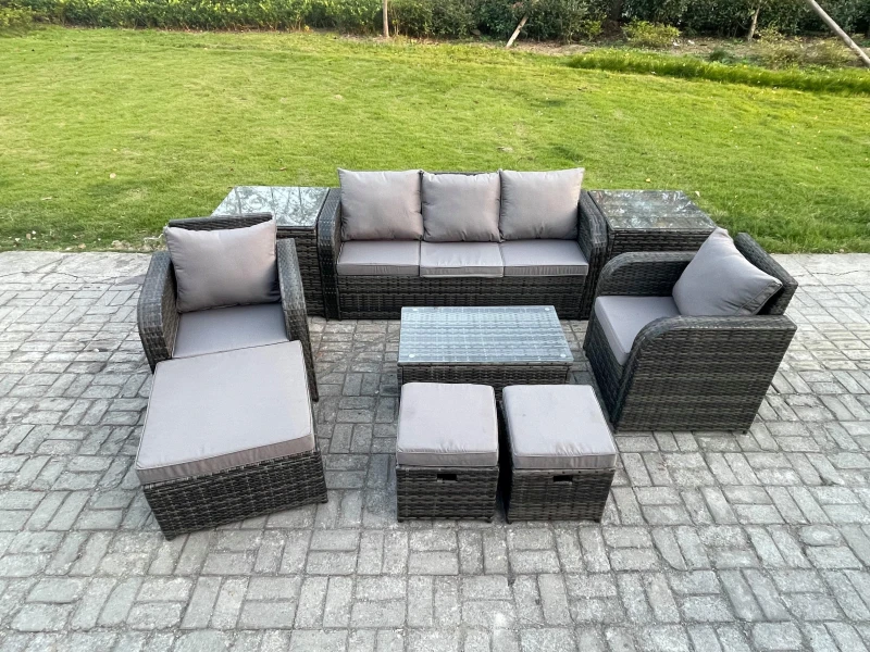 Image of Fimous Rattan Garden Furniture Set Patio Outdoor Lounge Sofa Set with Rectangular Coffee Table 3 Footstools Dark Grey