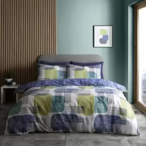 image of Catherine Lansfield Layered Geo Print Easy Care Reversible Duvet Cover Set, Navy/Green, King