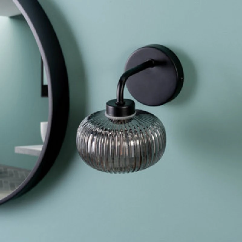 Image of ValueLights Amaia Black IP44 Bathroom Smoked Ribbed Glass Wall Light with LED Bulb Black unisex