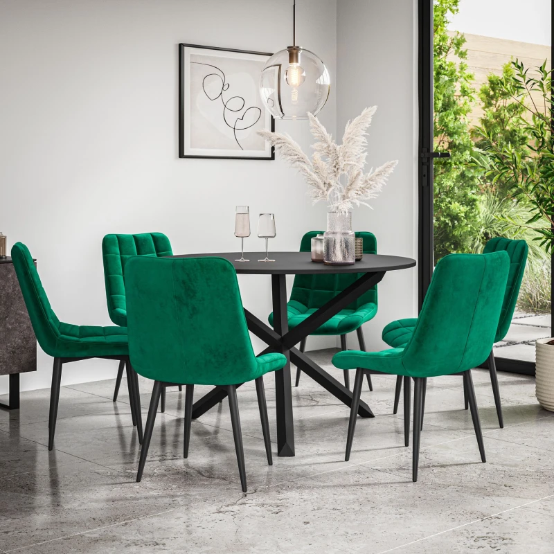 Image of More4Homes Malvern Round Dining Table And Chairs - Black Table Top W Solid Black Oak Legs + Nova Velvet Dining Chair Set Of 6 (Green)