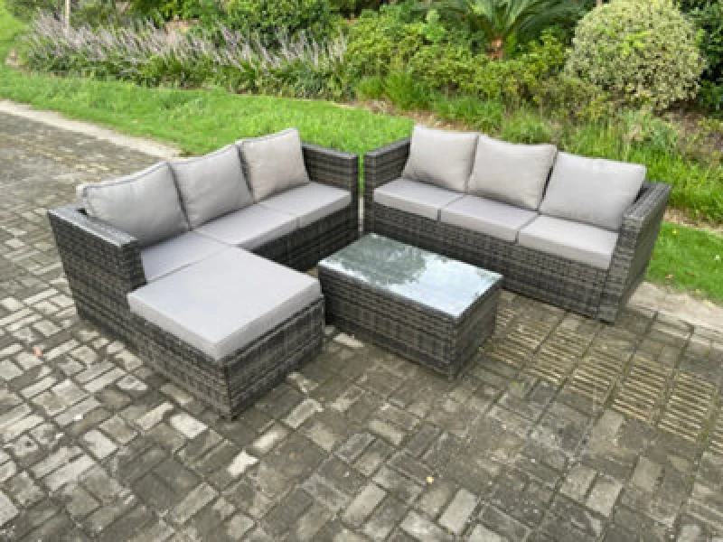Image of Fimous 7 Seater Rattan Garden Furniture Set Outdoor Patio Sofa Set with Oblong Coffee Table Big Footstool Dark Grey Mixed Dark Grey