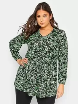 Image of Yours Balloon Sleeve Pleat Front Aop Green Markings, Green, Size 16, Women