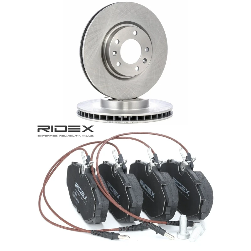 Image of RIDEX 3405B2937 Brake disc and pads set Front Axle, Brake Disc Type: internally vented, incl. wear warning contact Brake Set,disc brakes (3405)