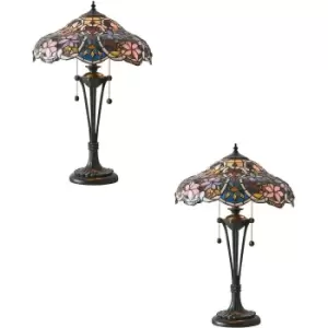 Image of 2 PACK Floral Tiffany Glass Design Table Lamp Light - Dark Bronze Lampholder