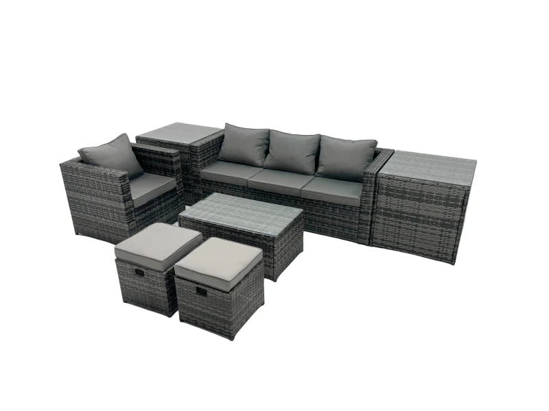 Image of Fimous Outdoor Coffee Table Sofa Set with Side Tables 2 Small Footstools in Dark Grey Dark Grey Unisex
