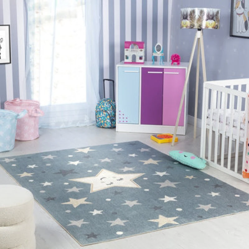 Image of Livabliss Kids Machine Washable Blue/beige Bedroom Supermama Area Rug 160 X 213cm - Easy Care, Soft & Safe Rug For Kids Spaces