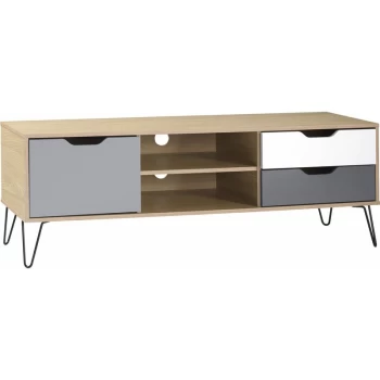 image of Bergen 1 Door 2 Drawer TV Unit Cabinet Oak White Grey Hairpin Legs - Seconique