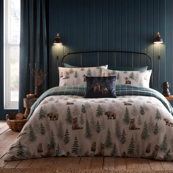 Image of Dreams and Drapes Lodge Bear Walks Natural Duvet Cover and Pillowcase Set Natural