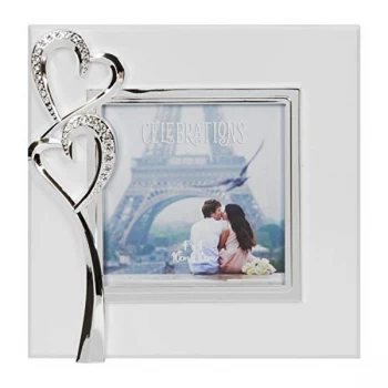 image of 4" x 4" - Silver Plated & Crystal Double Heart Photo Frame