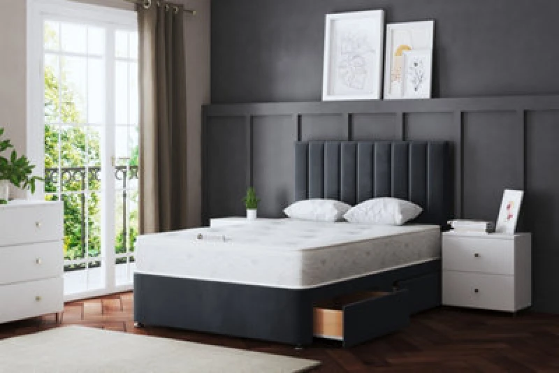 Image of DS Living Amelia Upholstered Steel Panel 2 Draw Divan Bed with Headboard Grey
