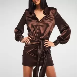 Image of Missguided Satin Drape Front Shirt Dress - Brown