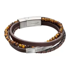 image of Fred Bennett Recycled Brown Leather & Tiger's Eye Beads ID Bar Bracelet