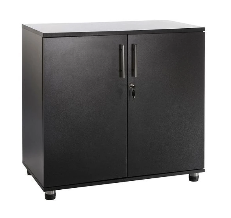 Image of Moderna Black Wooden Filing Cabinet, 1 Shelf, Lockable 2 Door, Short Office Cupboard Black Unisex