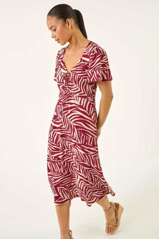 Image of Roman Womens Petite Animal Stretch Gathered Midi Dress in Wine Size: 18 Wine Female 18