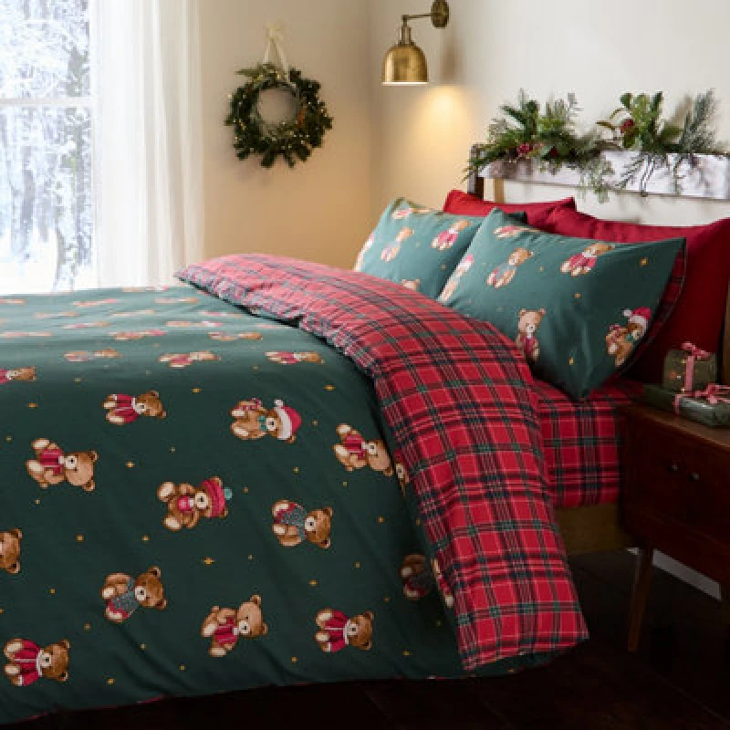 Image of Catherine Lansfield Christmas Tartan Teddy Bear Reversible Single Duvet Cover Set With Pillowcase Green