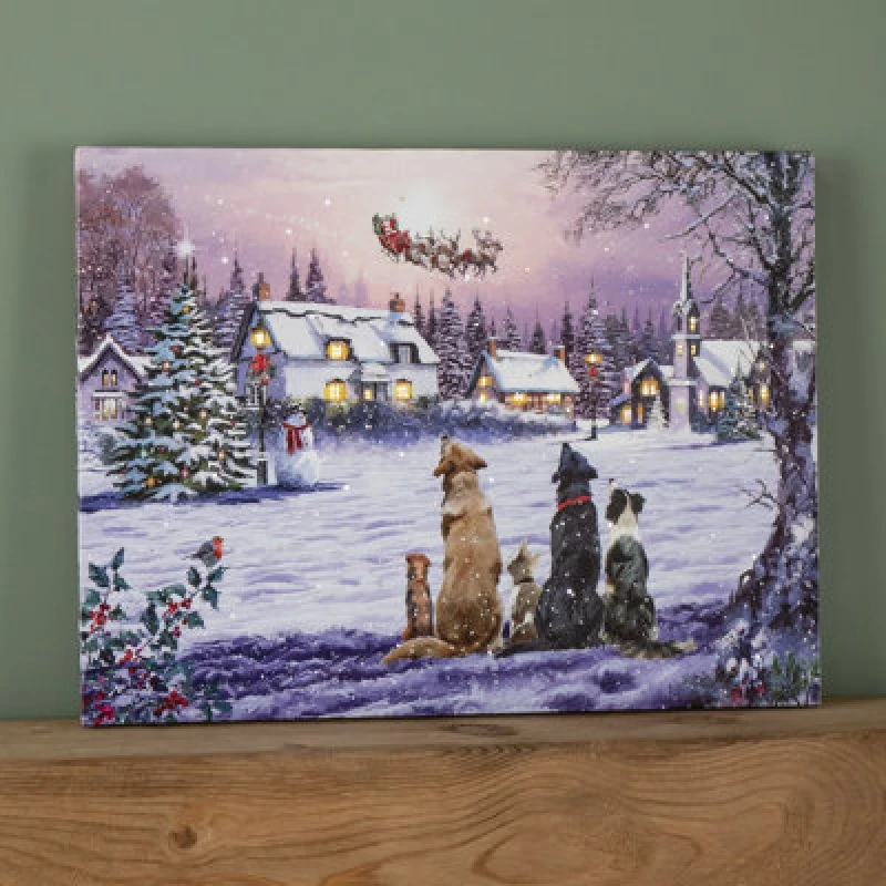 Image of Samuel Alexander 40 x 30cm Tap Activated Fibre Optic Christmas Wall Art Canvas with Dogs Watching Santa Scene Multi