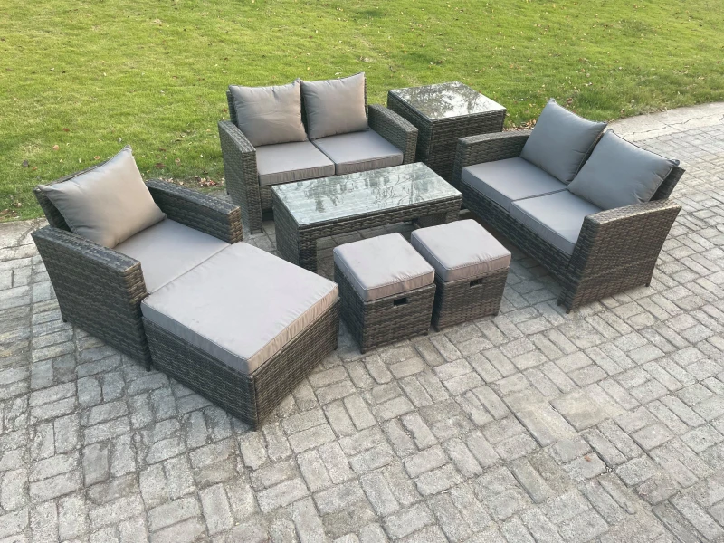Image of Fimous Outdoor Rattan Patio Furniture Set Garden Lounge Sofa Set with Side Table 3 Footstools Coffee Table Dark Grey Mixed Dark Grey Unisex