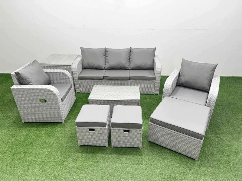 Image of Fimous PE Rattan Garden Furniture Set Reclining Chair Sofa Lounge Sofa Set Oblong Coffee Table Side Table 3 Stools Light Grey Light Grey