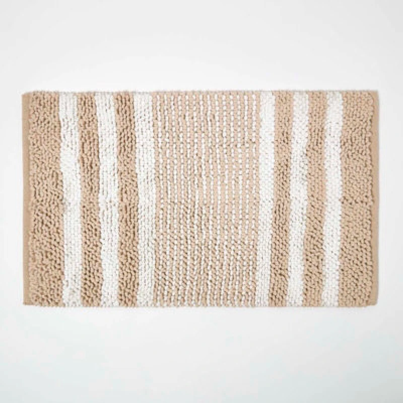 Image of Homescapes Beige Chenille Stripe Bath Mat 100% Cotton, 50 X 80 Cm