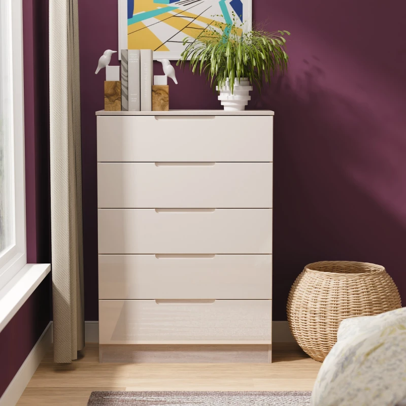 Image of Cannes Ready Assembled 5 Drawer Chest in Kashmir Gloss & Grey Oak - Welcome Furniture TJ Hughes 5056812217438