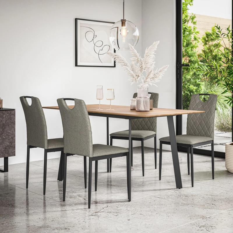 Image of More4Homes Haydon Extending Dining Table And Chairs - Oak Effect Table Top W Black Legs + Monza Linen Dining Chair Set Of 4 (Grey)