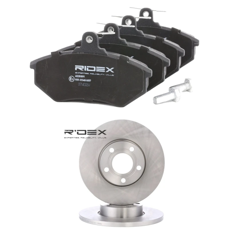 Image of RIDEX 3405B3175 Brake disc and pads set Front Axle, Brake Disc Type: Solid, not prepared for wear warning indicator Low-Metallic Brake Set,disc brakes