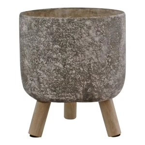 Image of Small Grey Cement Planter With Wooden Legs, 15cm diameter