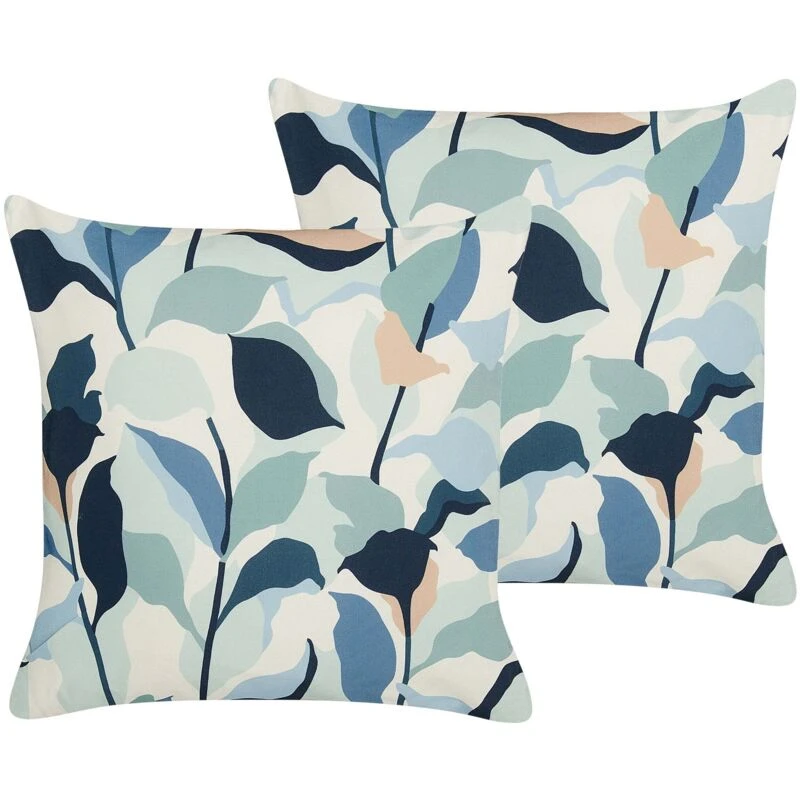 Image of Beliani Set Of 2 Outdoor Cushions Veglino Plant Pattern 45 X 45cm Blue