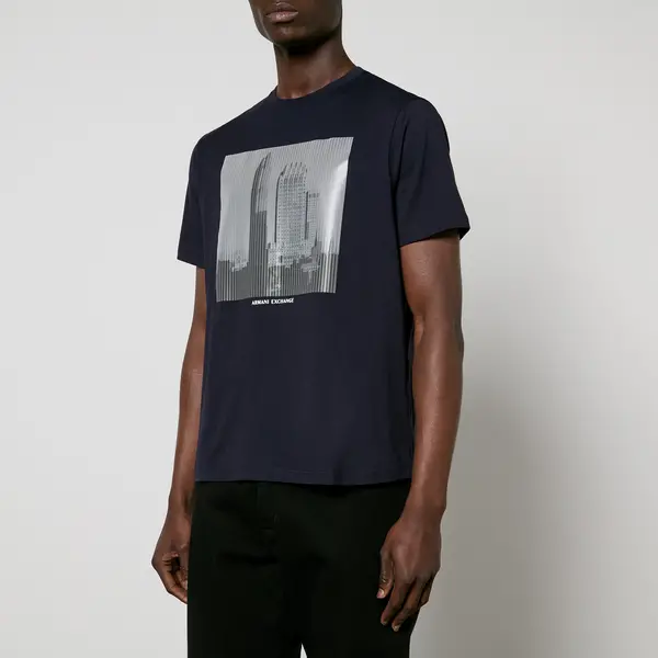 Image of Armani Exchange Skyscraper Cotton-Jersey T-Shirt - M Blue Tops male 3DZTHU-ZJH4Z-15CX M
