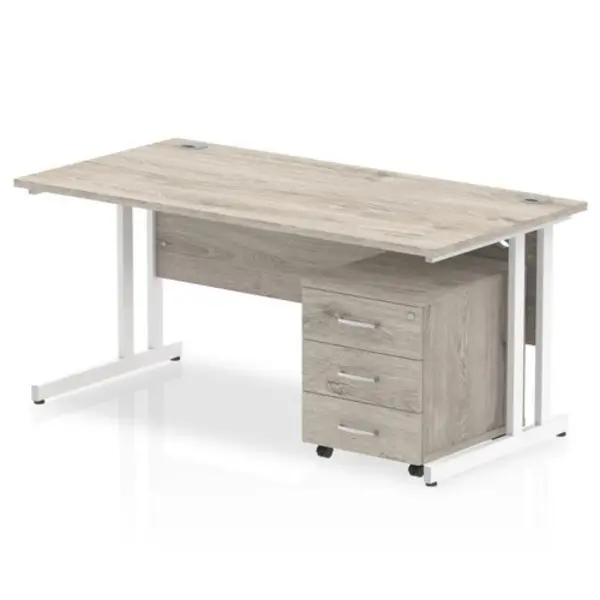 image of Impulse 1600 x 800mm Straight Desk Grey Oak Top White Cantilever Leg with 3 Drawer Mobile Pedestal