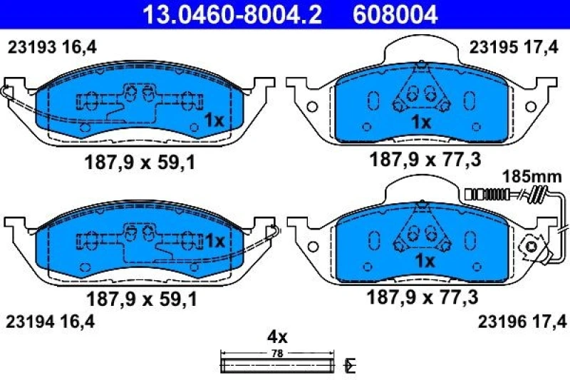 Image of ATE 13.0460-8004.2 Brake pad set incl. wear warning contact, with accessories Brake Pad Set,disc brake (402)