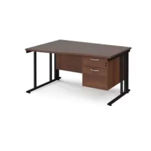 image of Office Desk Left Hand Wave Desk 1400mm With Pedestal Walnut Top With Black Frame Maestro 25 MCM14WLP2KW