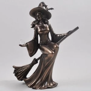 image of Witch Riding Broom Bronze Ornament 20cm