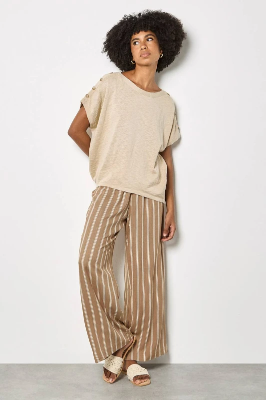 Image of Apricot Womens Linen Blend Wide-Leg Stripe Trousers in Stone Size: 18 Stone Female 18