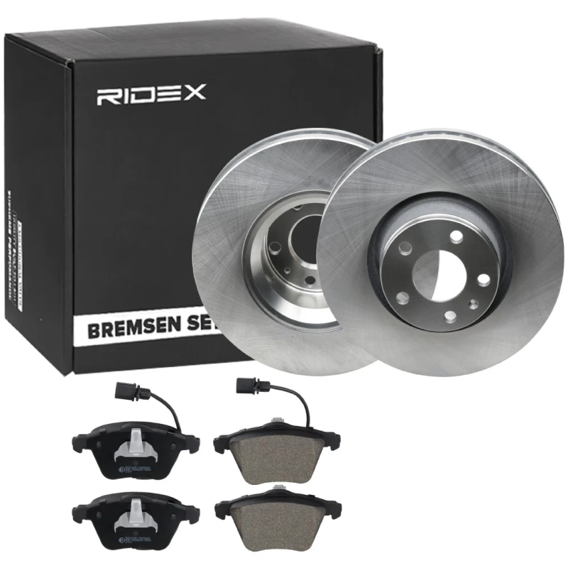 Image of RIDEX 3405B0351 Brake disc and pads set Front Axle, Brake Disc Type: internally vented, incl. wear warning contact Brake Set,disc brakes (3405)