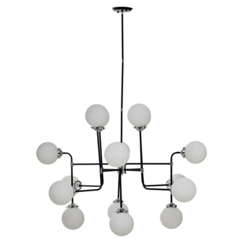 Image of Orsina Black And Chrome 16 Arm Pendant Light, Modern Spherical Glass Ceiling Fixture, Head Design With White Shades