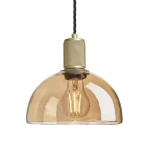 image of Industville Knurled Tinted Glass Dome Pendant Light in Amber with Brass Holder