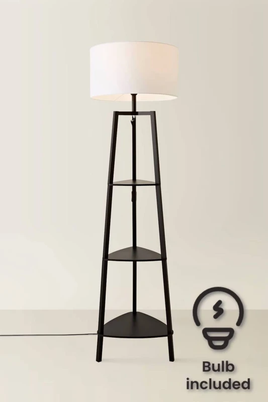 Image of ValueLights ValueLights Hiru Black 3 Tier Shelf Floor Lamp with Large Drum Shade and Bulb in White White One Size Unisex 5059406034381