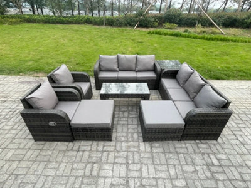 Image of Fimous Wicker PE Rattan Sofa Set 10 Seater Outdoor Patio Garden Furniture Set with 2 Reclining Chairs Coffee Table Side Tables Dark Grey